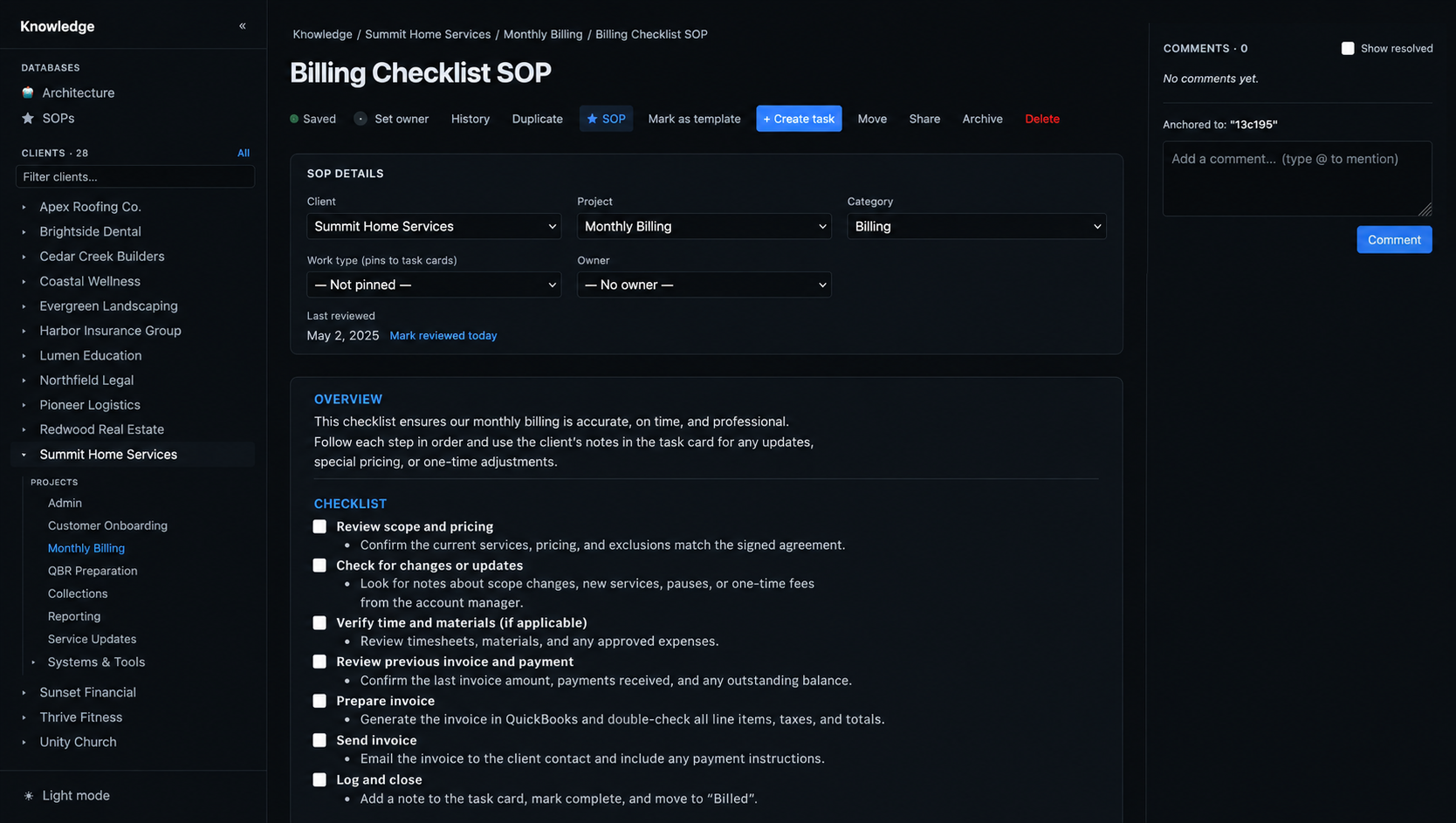 An SOP page showing it is linked to a specific client and project, with a structured checklist of steps.