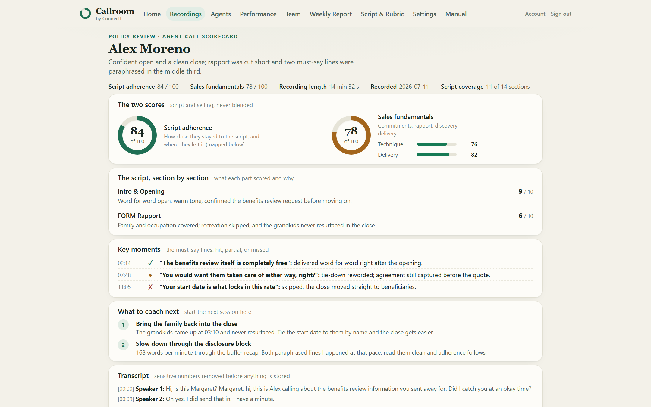 Callroom: A graded call: twin scores for script adherence and sales fundamentals, timestamped key moments, and coaching points.