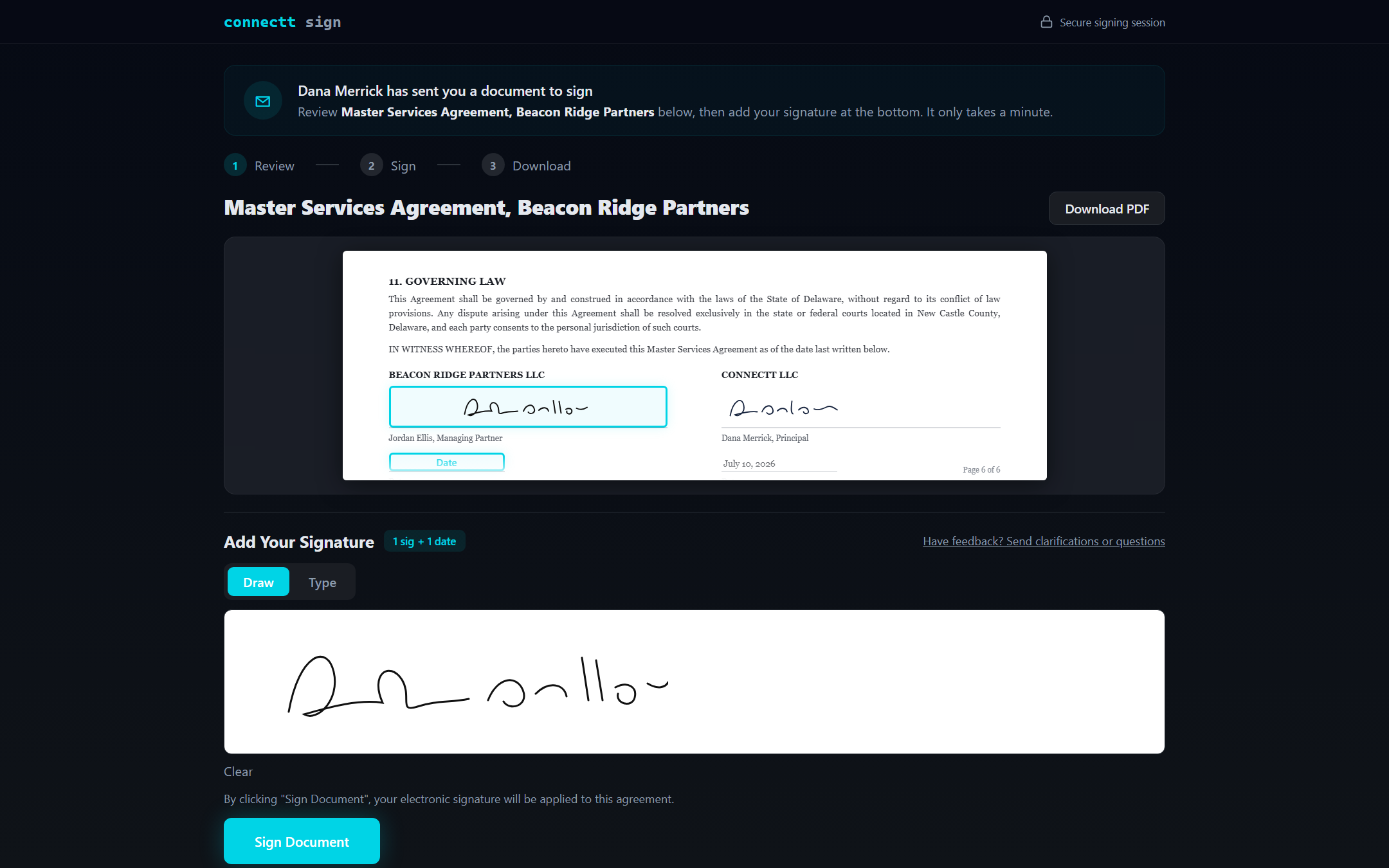 Connectt Sign: The client-facing signing flow: review the agreement, draw a signature, and execute in under a minute.