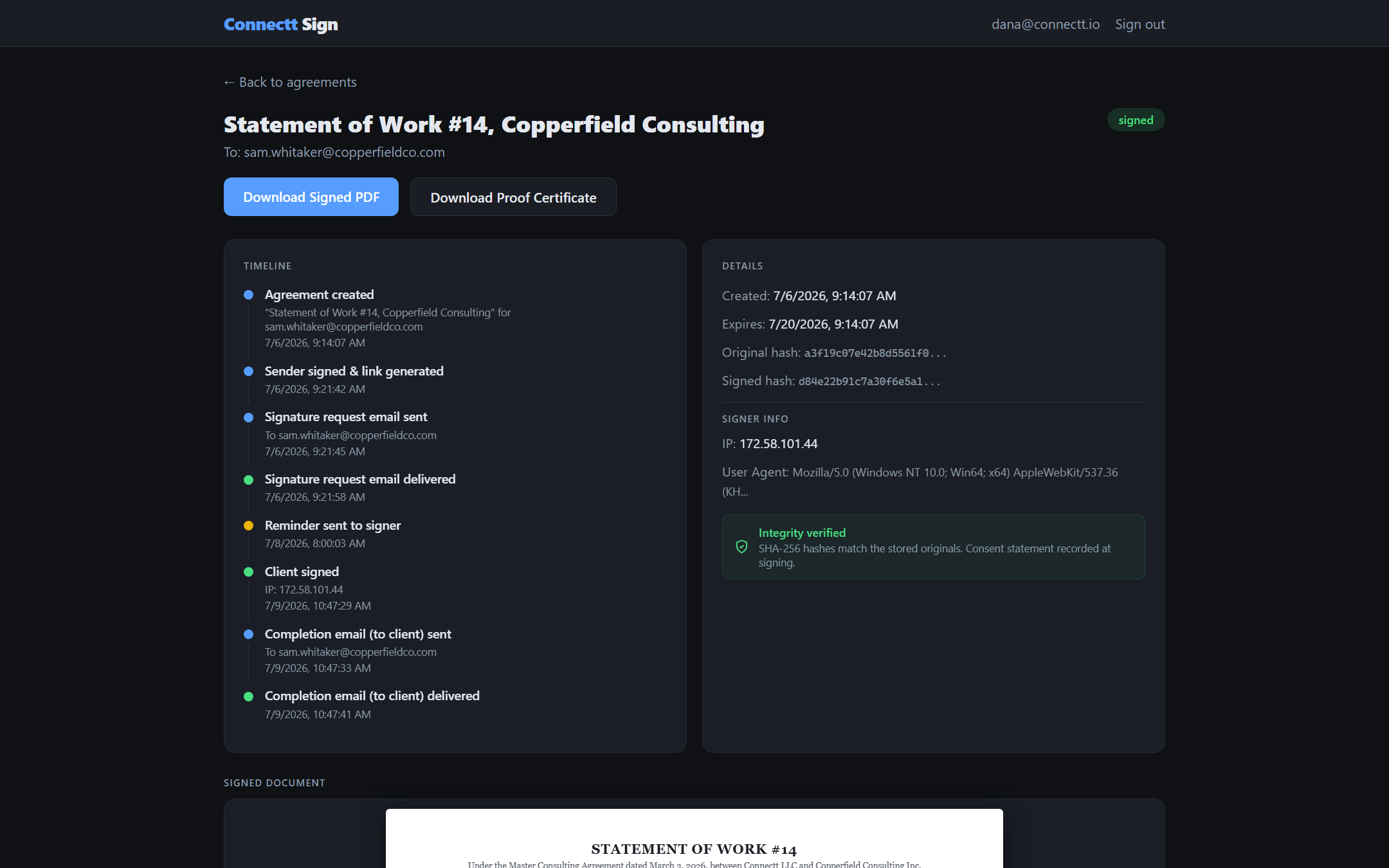 Connectt Sign: Tamper-evident proof: a full event timeline with timestamps and document hashes verifying integrity.