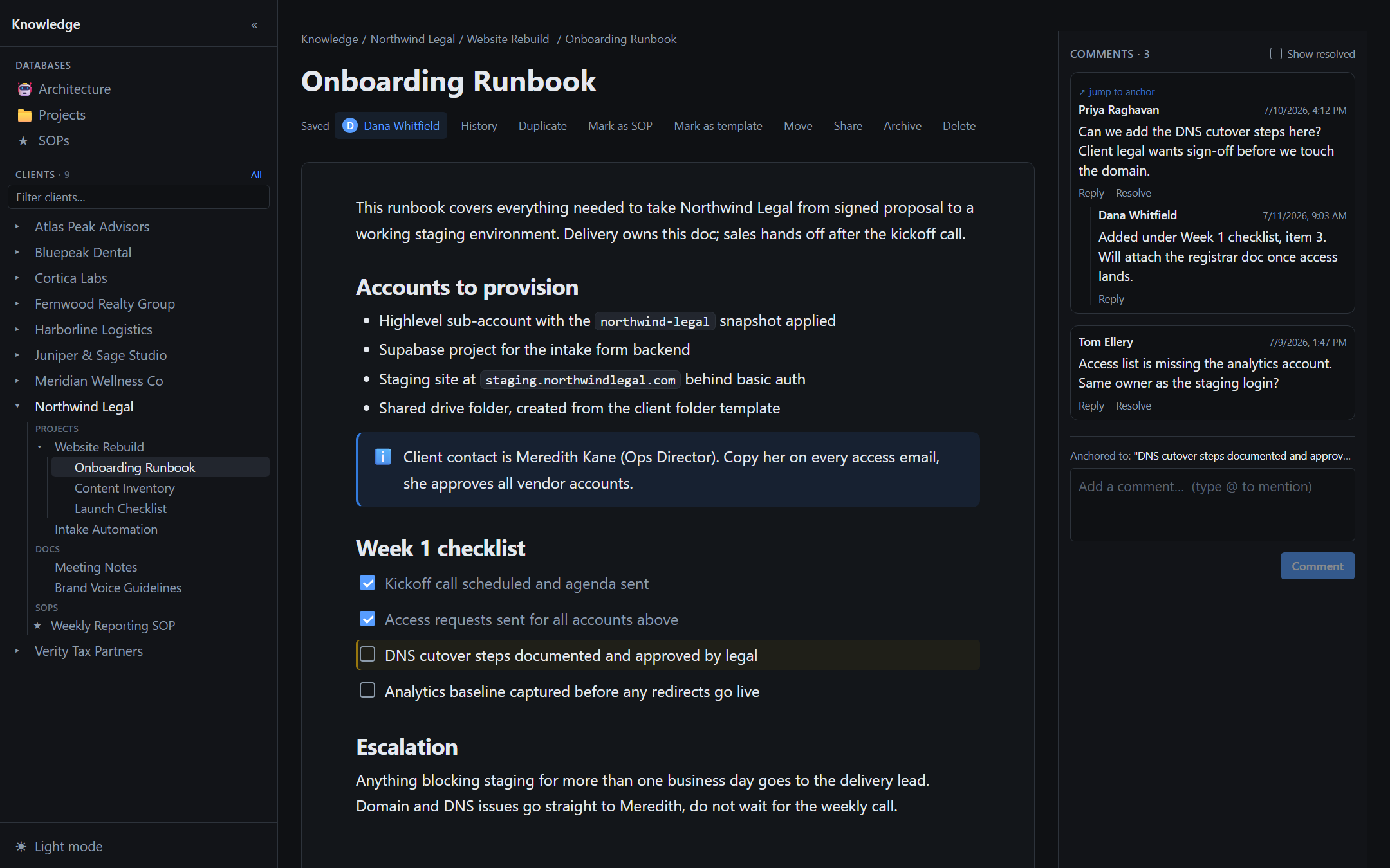 Knowledge App: A client doc open in the editor with autosave, rich-text callouts and checklists, and an anchored comment rail.