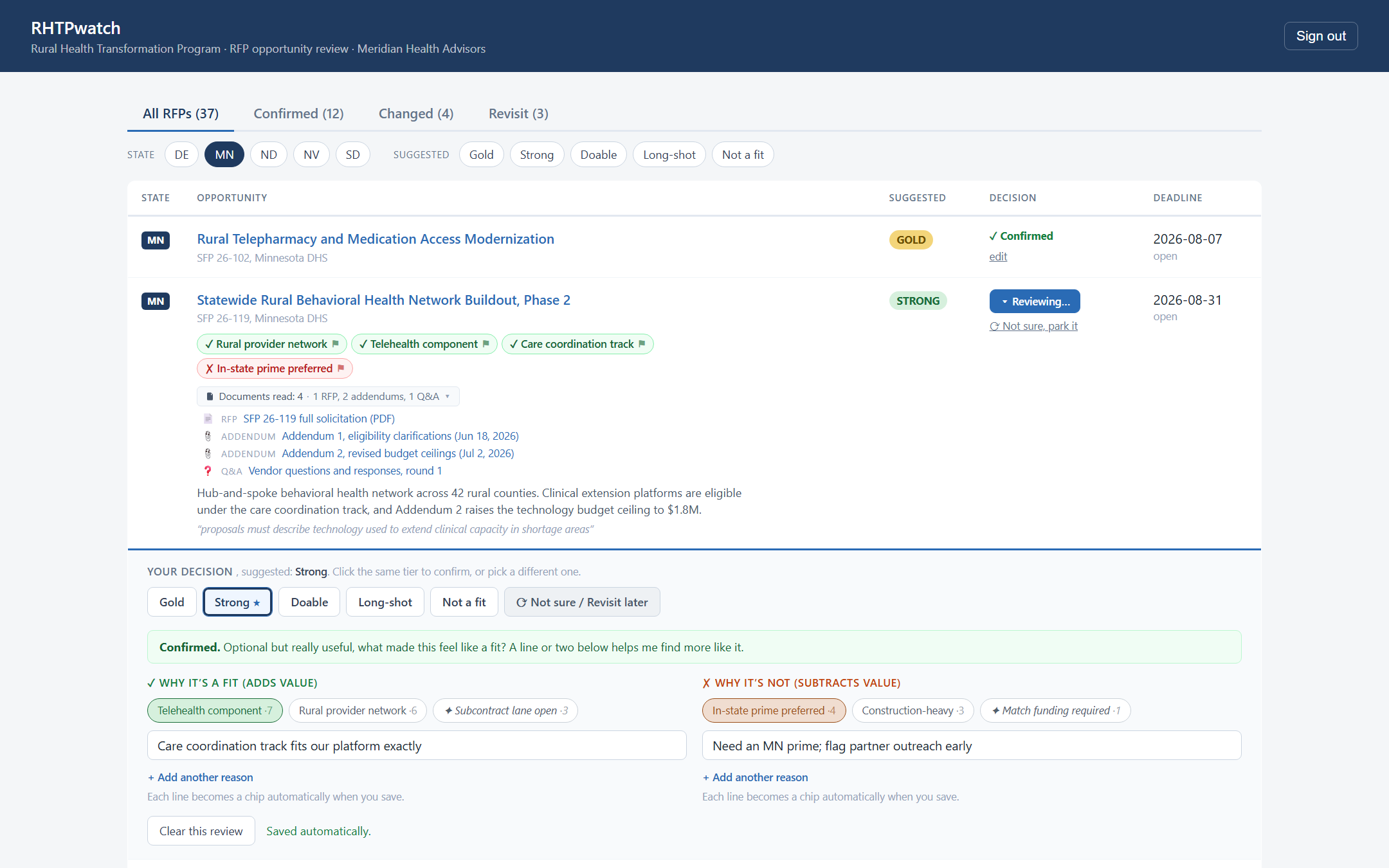 RHTPwatch: A solicitation opened for review: AI fit assessment, the document bundle it read, key dates, and tier correction.