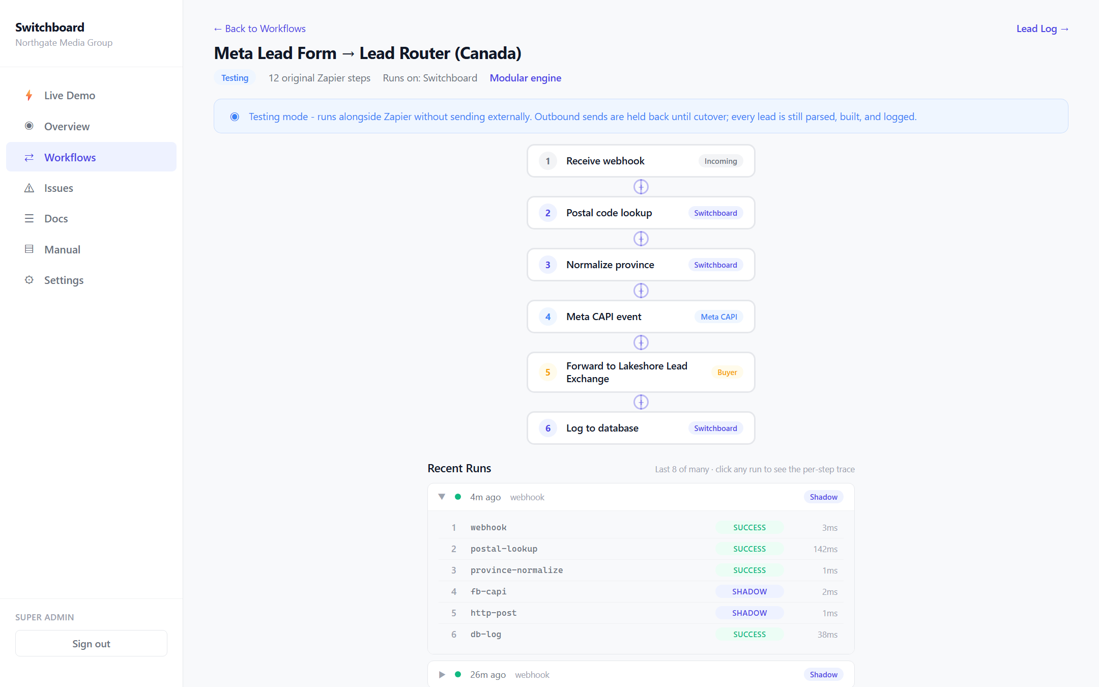 Switchboard: A single route in detail: the step flow from webhook intake to buyer forwarding, with per-step execution traces.
