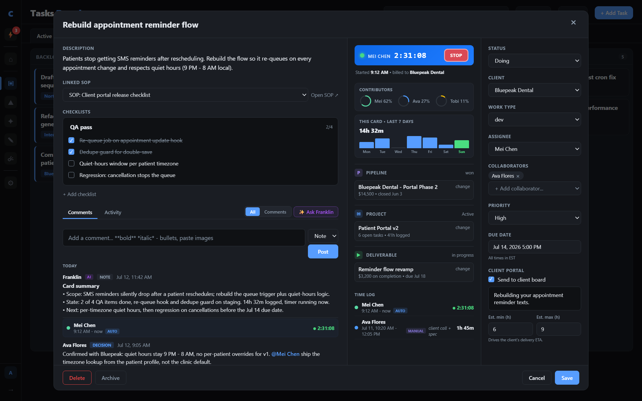 Task App + Aion: An open task card: QA checklist, AI summary in the comment feed, and a running Aion timer with contributor breakdown.